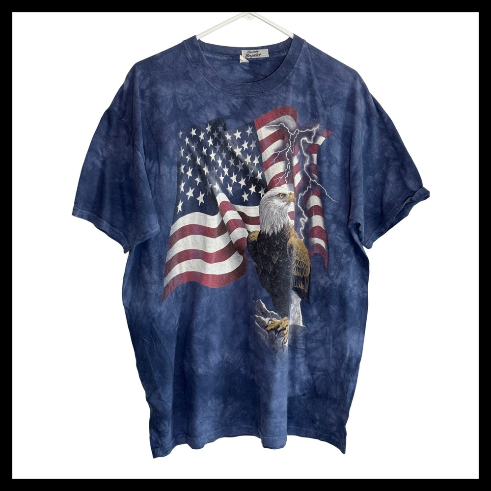 Mens Eagle American Flag Lightning Tie Dye Blue Graphic T-Shirt XXL
